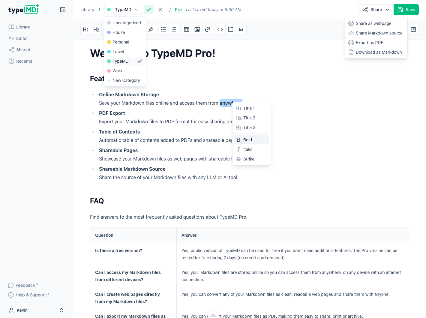 Screenshot of the TypeMD Pro editor showing a markdown document and different contextual menus to organize, format and share content.